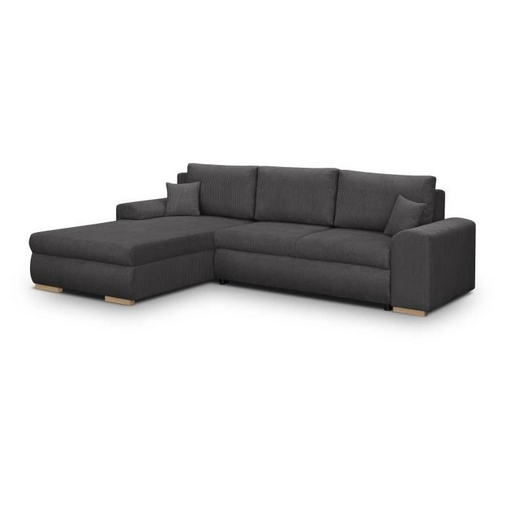 Canapé d'angle convertible - 5 places - INDIAN - Tissu velours côtelé Gris foncé - Coffre de rangement - 289 x 94/188 x 88 c