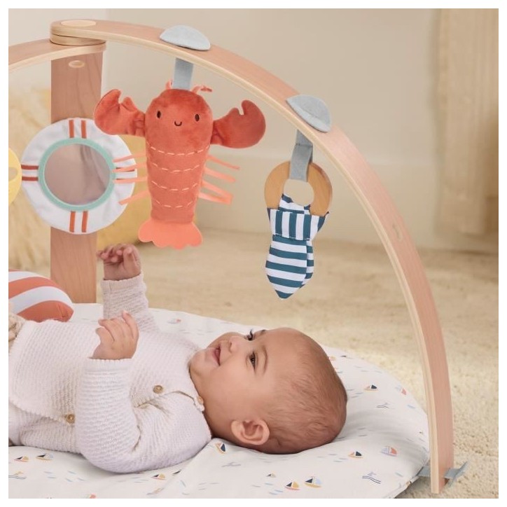 INGENUITY Tapis d'éveil réversible bébé évolutif - Marin - pliable, arche de jeu en bois amovible, 5 jouets, miroir, coussi