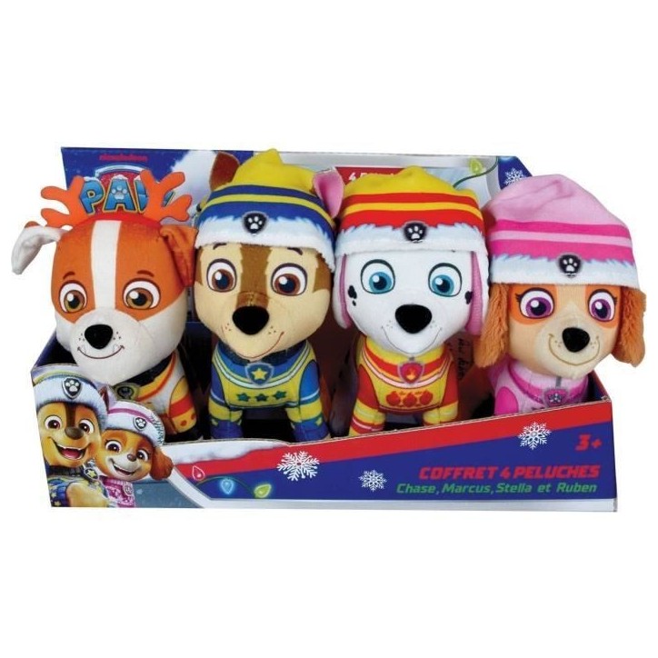 Coffret 4 peluches - JEMINI - PAT'PATROUILLE - Chase, Marcus, Ruben et Stella - +/- 12 cm Coffret 4 peluches - JEMINI - PAT'PATROUILLE - Chase, Marcus, Ruben et Stella - +/- 12 cm