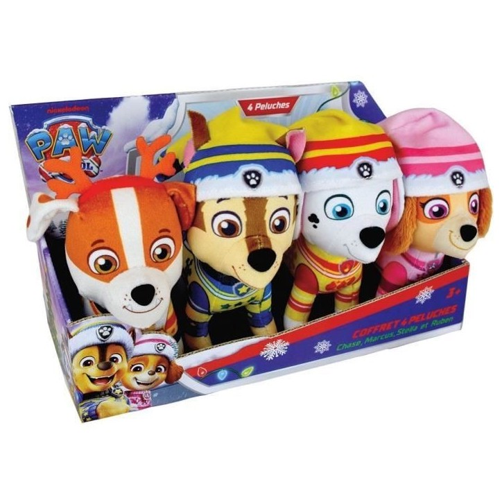 Coffret 4 peluches - JEMINI - PAT'PATROUILLE - Chase, Marcus, Ruben et Stella - +/- 12 cm Coffret 4 peluches - JEMINI - PAT'PATROUILLE - Chase, Marcus, Ruben et Stella - +/- 12 cm