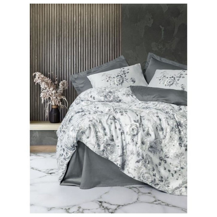 Parure de lit - 1 housse de couette 220 x 240 cm + 2 taies d'oreiller 60 x 60 cm - Satiné 100% coton - Gris