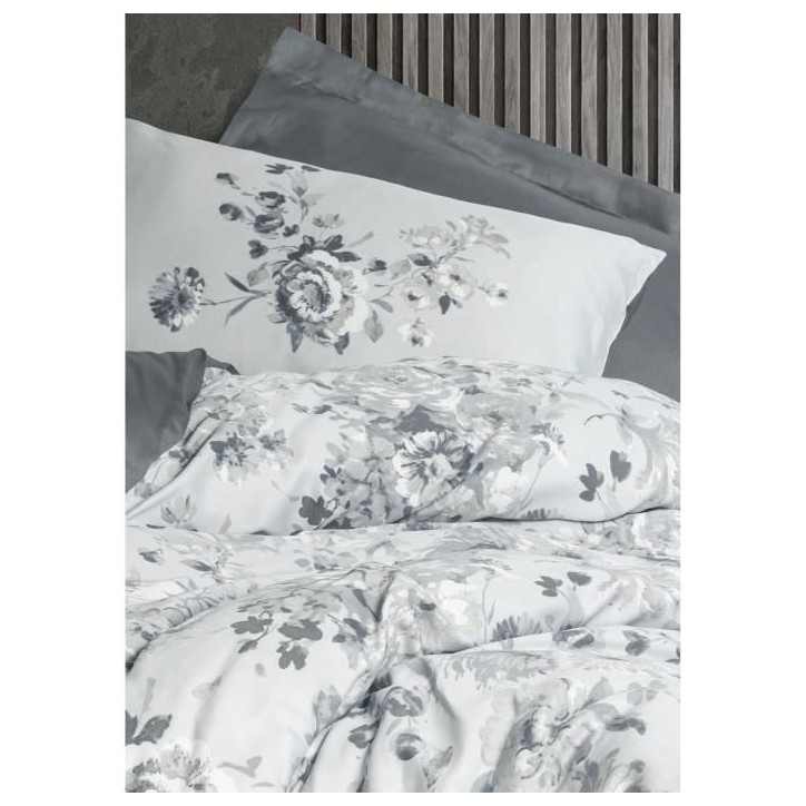 Parure de lit - 1 housse de couette 220 x 240 cm + 2 taies d'oreiller 60 x 60 cm - Satiné 100% coton - Gris