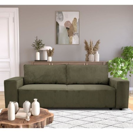 Canapé convertible 3 places - JOSH - Tissu Lincoln Kaki - Coffre de rangement - 239 x 86 x 85 cm