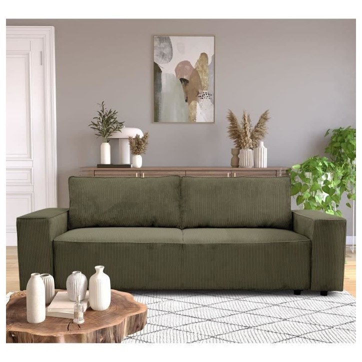 Canapé convertible 3 places - JOSH - Tissu Lincoln Kaki - Coffre de rangement - 239 x 86 x 85 cm Canapé convertible 3 places - JOSH - Tissu Lincoln Kaki - Coffre de rangement - 239 x 86 x 85 cm
