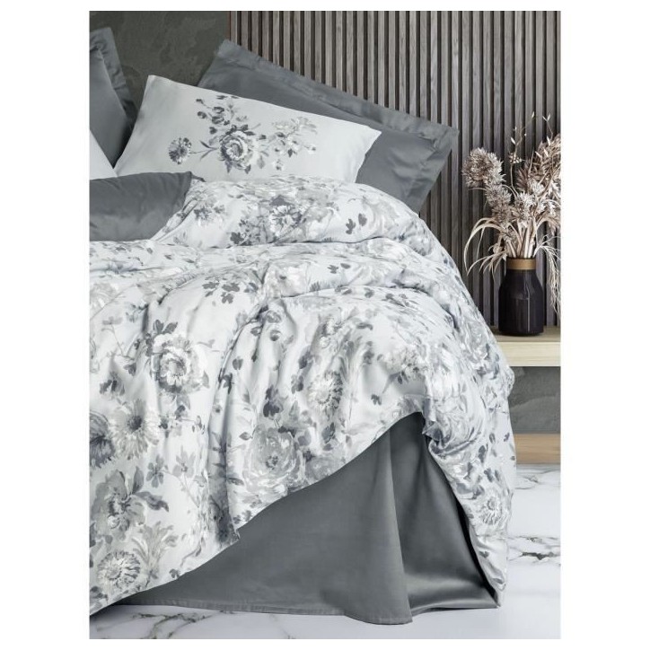 Parure de lit - 1 housse de couette 220 x 240 cm + 2 taies d'oreiller 60 x 60 cm - Satiné 100% coton - Gris