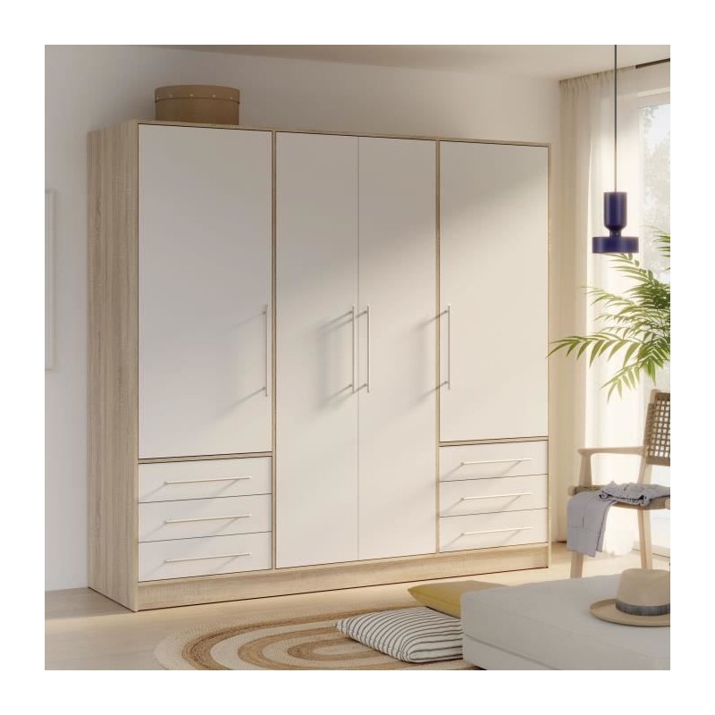 Armoire 4 portes battantes + 6 tiroirs - Chene et blanc - L 206 x P 60 Armoire 4 portes battantes + 6 tiroirs - Chene et blanc - L 206 x P 60