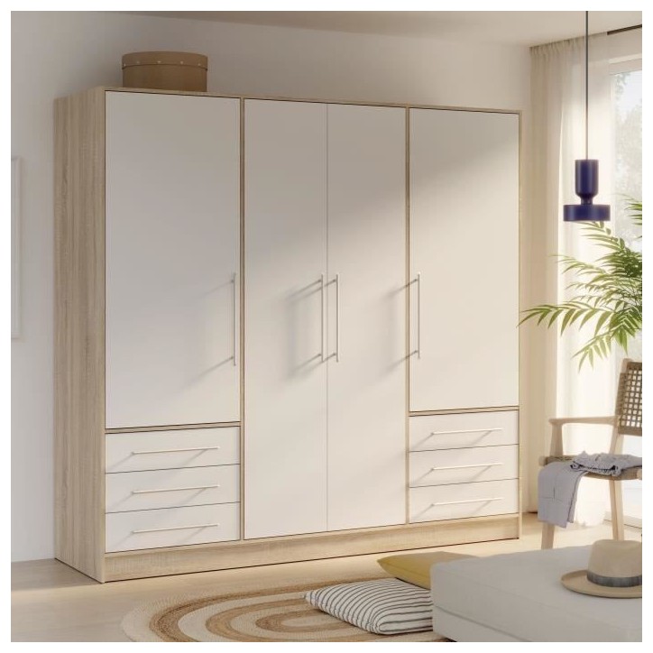 Armoire 4 portes battantes + 6 tiroirs - Chene et blanc - L 206 x P 60 x H 200 cm - JUPITER Armoire 4 portes battantes + 6 tiroirs - Chene et blanc - L 206 x P 60 x H 200 cm - JUPITER