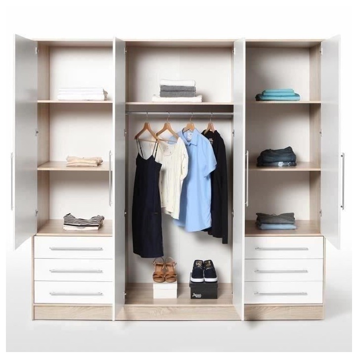 Armoire 4 portes battantes + 6 tiroirs - Chene et blanc - L 206 x P 60 x H 200 cm - JUPITER Armoire 4 portes battantes + 6 tiroirs - Chene et blanc - L 206 x P 60 x H 200 cm - JUPITER