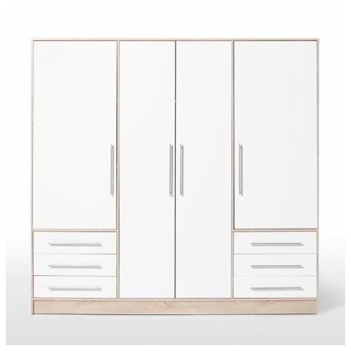 Armoire 4 portes battantes + 6 tiroirs - Chene et blanc - L 206 x P 60 x H 200 cm - JUPITER Armoire 4 portes battantes + 6 tiroirs - Chene et blanc - L 206 x P 60 x H 200 cm - JUPITER
