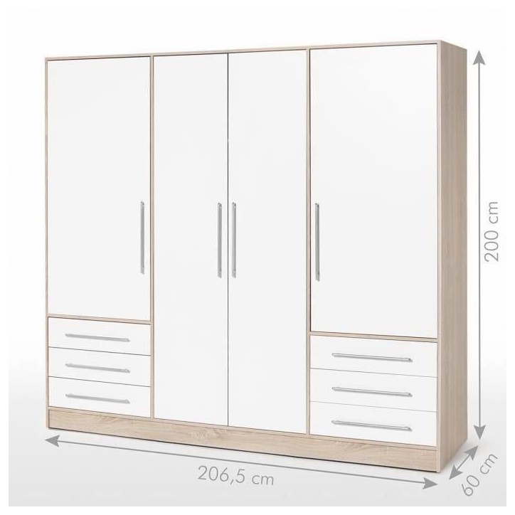 Armoire 4 portes battantes + 6 tiroirs - Chene et blanc - L 206 x P 60 x H 200 cm - JUPITER Armoire 4 portes battantes + 6 tiroirs - Chene et blanc - L 206 x P 60 x H 200 cm - JUPITER