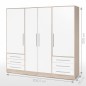 Armoire 4 portes battantes + 6 tiroirs - Chene et blanc - L 206 x P 60 x H 200 cm - JUPITER