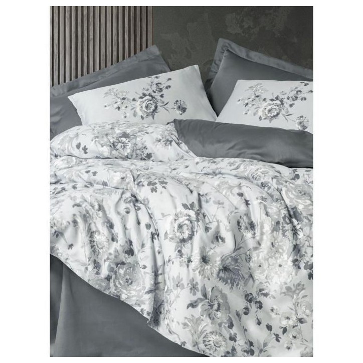 Parure de lit - 1 housse de couette 220 x 240 cm + 2 taies d'oreiller 60 x 60 cm - Satiné 100% coton - Gris