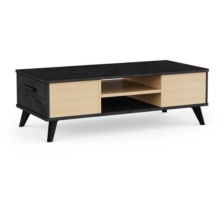Table basse - KENT - Rectangulaire - Chene de file / Sidewalk - 2 tiroirs - 1 rayon - Pieds - 106,6 x 50,1 x 35,2 cm