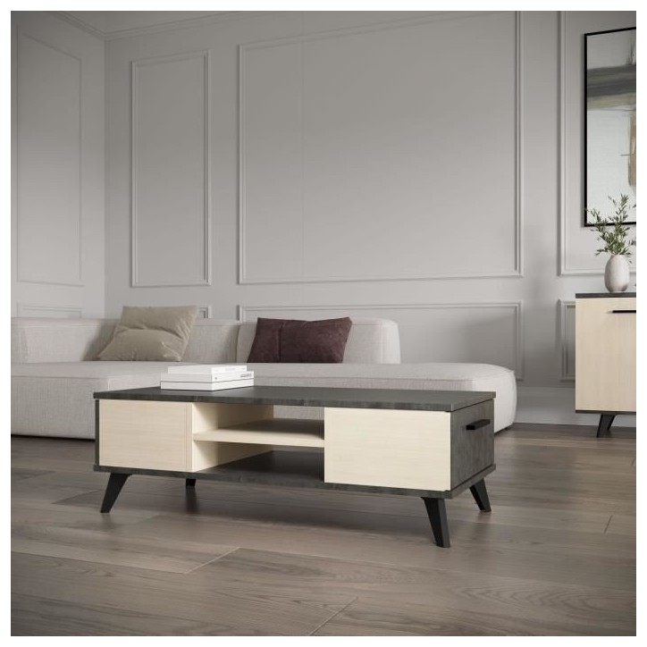Table basse - KENT - Rectangulaire - Chene de file / Sidewalk - 2 tiroirs - 1 rayon - Pieds - 106,6 x 50,1 x 35,2 cm