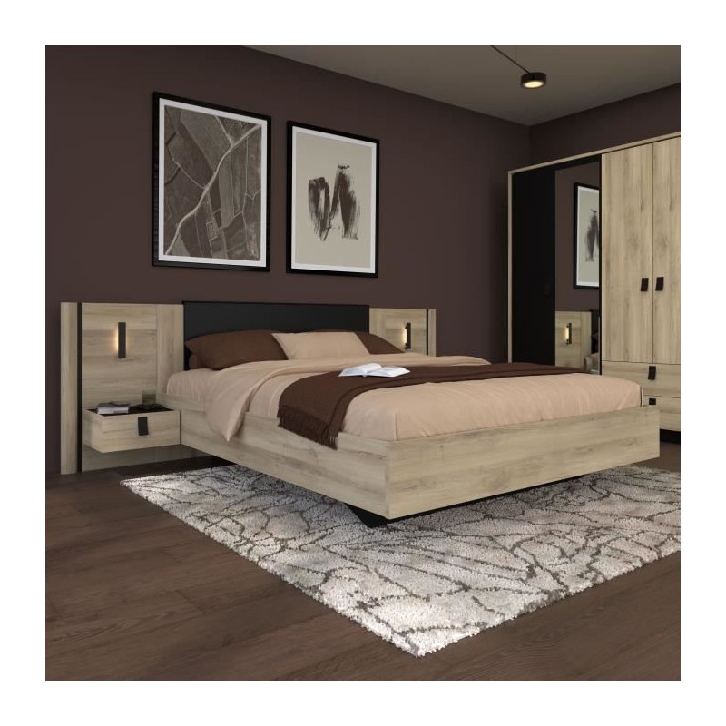 Lit double adulte avec 2 chevets - KIERAN - 160 x 200 cm - Décor Chen