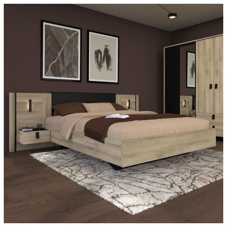 Lit double adulte avec 2 chevets - KIERAN - 160 x 200 cm - Décor Chene / Noir - PARISOT Lit double adulte avec 2 chevets - KIERAN - 160 x 200 cm - Décor Chene / Noir - PARISOT