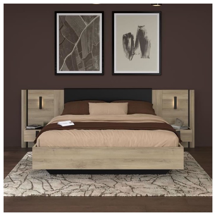 Lit double adulte avec 2 chevets - KIERAN - 160 x 200 cm - Décor Chene / Noir - PARISOT Lit double adulte avec 2 chevets - KIERAN - 160 x 200 cm - Décor Chene / Noir - PARISOT