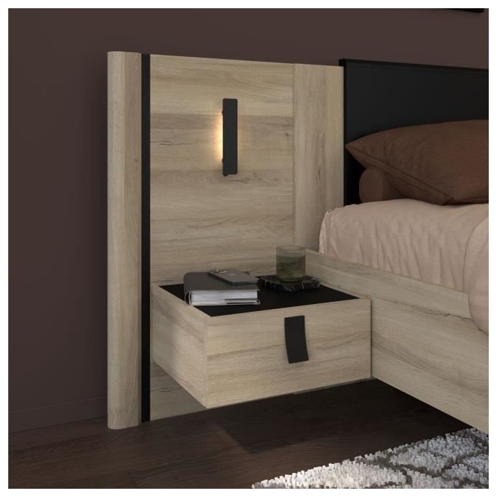 Lit double adulte avec 2 chevets - KIERAN - 160 x 200 cm - Décor Chene / Noir - PARISOT Lit double adulte avec 2 chevets - KIERAN - 160 x 200 cm - Décor Chene / Noir - PARISOT