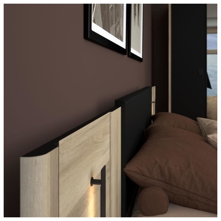 Lit double adulte avec 2 chevets - KIERAN - 160 x 200 cm - Décor Chene / Noir - PARISOT Lit double adulte avec 2 chevets - KIERAN - 160 x 200 cm - Décor Chene / Noir - PARISOT
