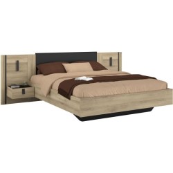 Lit double adulte avec 2 chevets - KIERAN - 140 x 190/200 cm - Chene/N