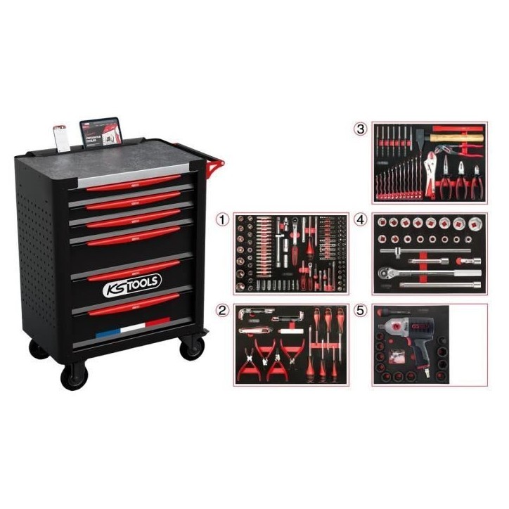 Servante d'atelier - Equipée - 6 tiroirs - KS Tools - 824.6298F - Noir - Equipée de 298 outils PL - Fabriquée en France