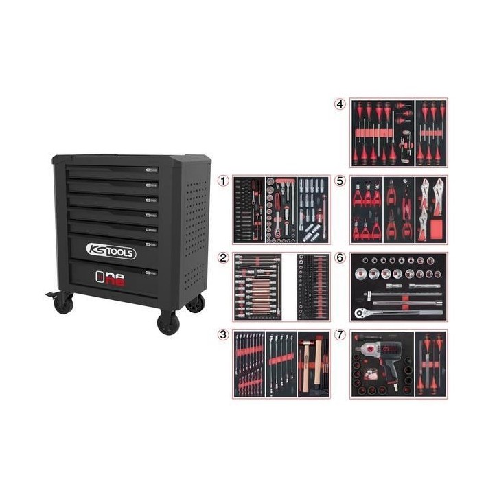Servante d'atelier - Equipée - 7 tiroirs - KS Tools - 823.7337F - Noir - Equipée de 337 outils - Servante one by one