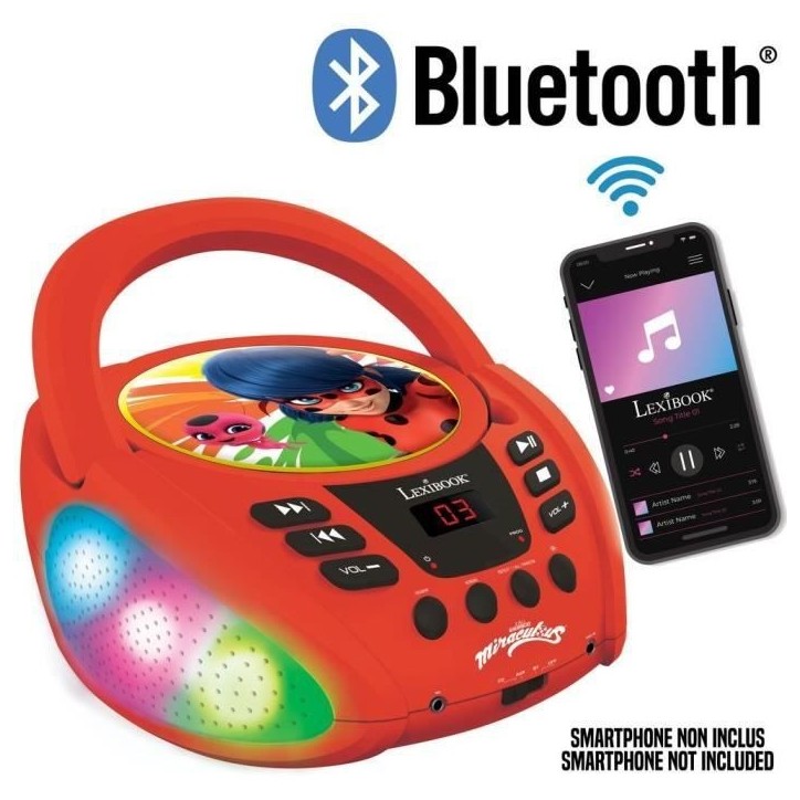 Lecteur CD Bluetooth lumineux Miraculous - LEXIBOOK - MIRACULOUS - CD/CD-R/CD-RW - Bluetooth 5.0 - Enfant