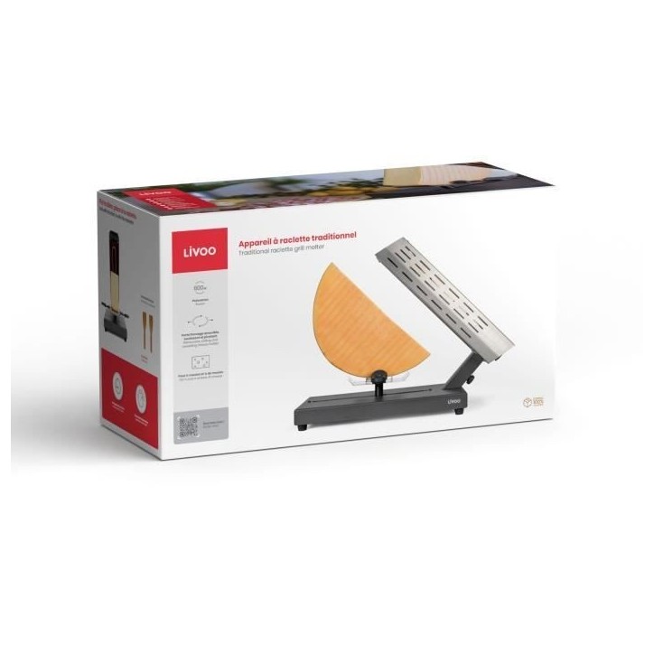 Appareil a raclette traditionnel - LIVOO - DOC314 - 600W - 6 a 8 personnes - Porte fromage amovible, coulissant, 360° - 2 spatu