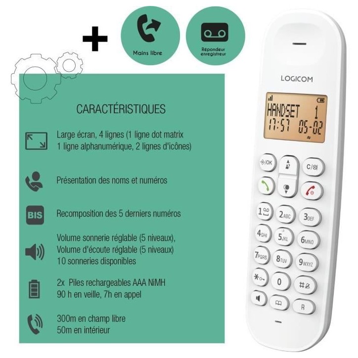 Téléphone fixe sans fil - LOGICOM - DECT ILOA 155T SOLO - Blanc - Avec répondeur Téléphone fixe sans fil - LOGICOM - DECT ILOA 155T SOLO - Blanc - Avec répondeur