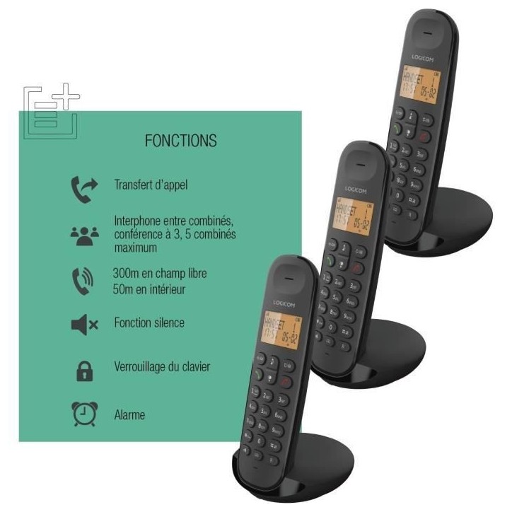 Téléphone fixe sans fil - LOGICOM - DECT ILOA 350 TRIO - Noir - Sans répondeur