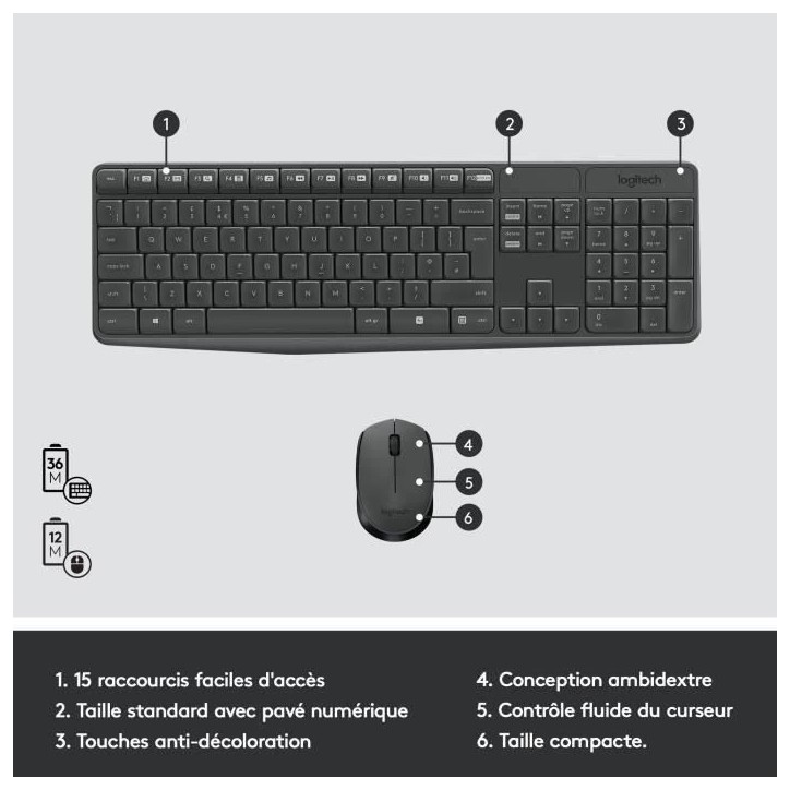 Ensemble Clavier Souris - Sans fil - Logitech - MK235 - AZERTY - Graphite