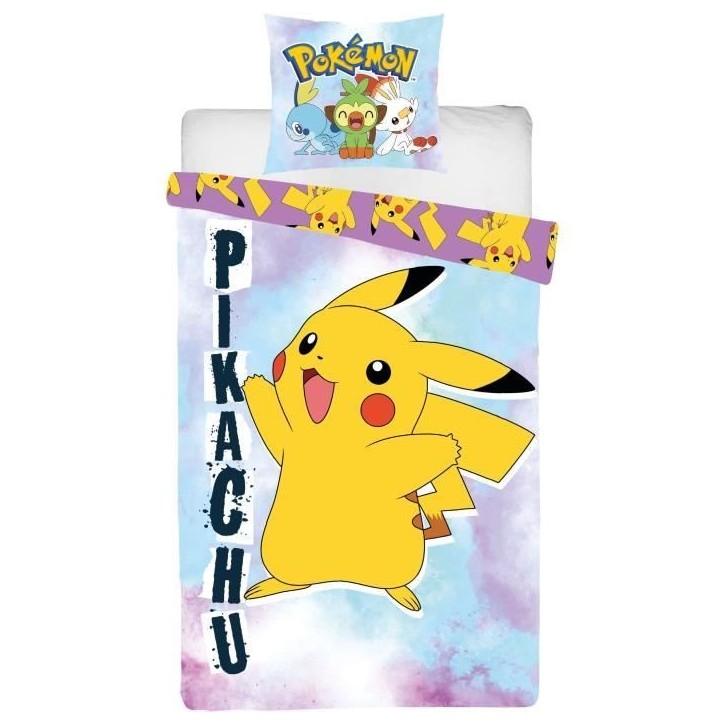Parure de lit réversible - POKEMON - Pikachu - Microfibre - 1 housse de couette 140 x 200 cm + 1 taie 63 x 63 cm