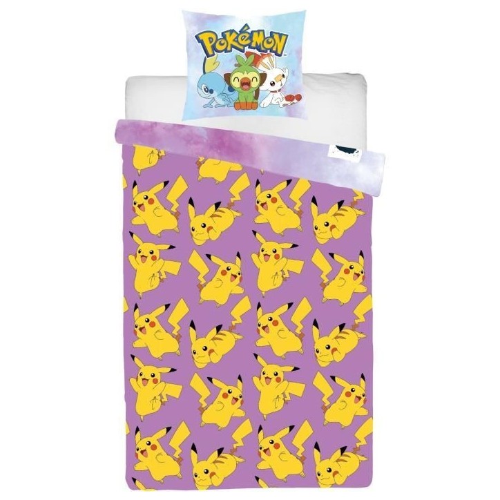 Parure de lit réversible - POKEMON - Pikachu - Microfibre - 1 housse de couette 140 x 200 cm + 1 taie 63 x 63 cm