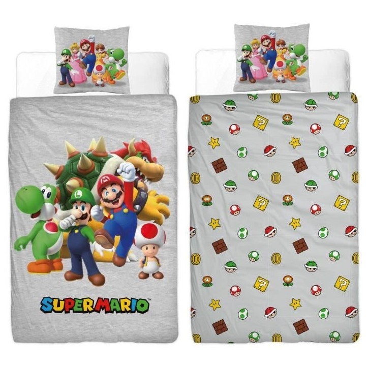 Parure de lit réversible - MARIO BROS - Super Mario - Microfibre - 1 housse de couette 140 x 200 cm + 1 taie 63 x 63 cm Parure de lit réversible - MARIO BROS - Super Mario - Microfibre - 1 housse de couette 140 x 200 cm + 1 taie 63 x 63 cm