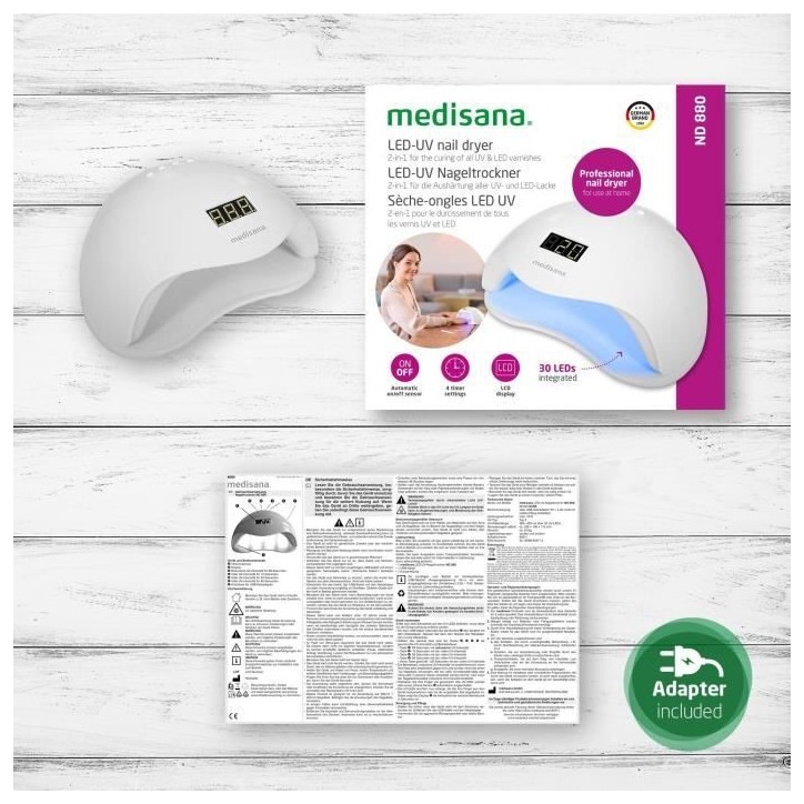 Lampe 2-en-1 ongles - MEDISANA - ND 880 - LED et UV - Ecran - minuterie - Capteur on/off auto - Blanc