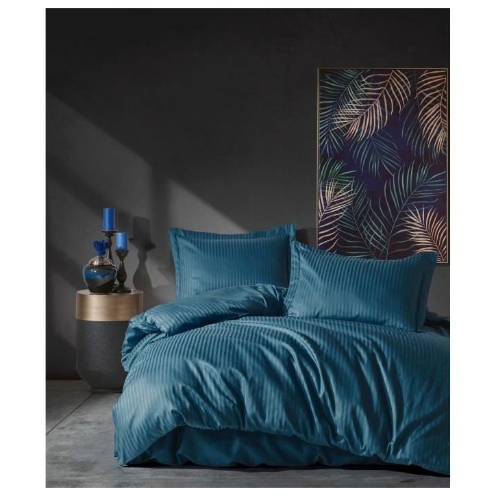 Parure de lit - 1 housse de couette 220 x 240 cm + 2 taies d'oreiller 60 x 60 cm - Satiné 100% coton - Bleu