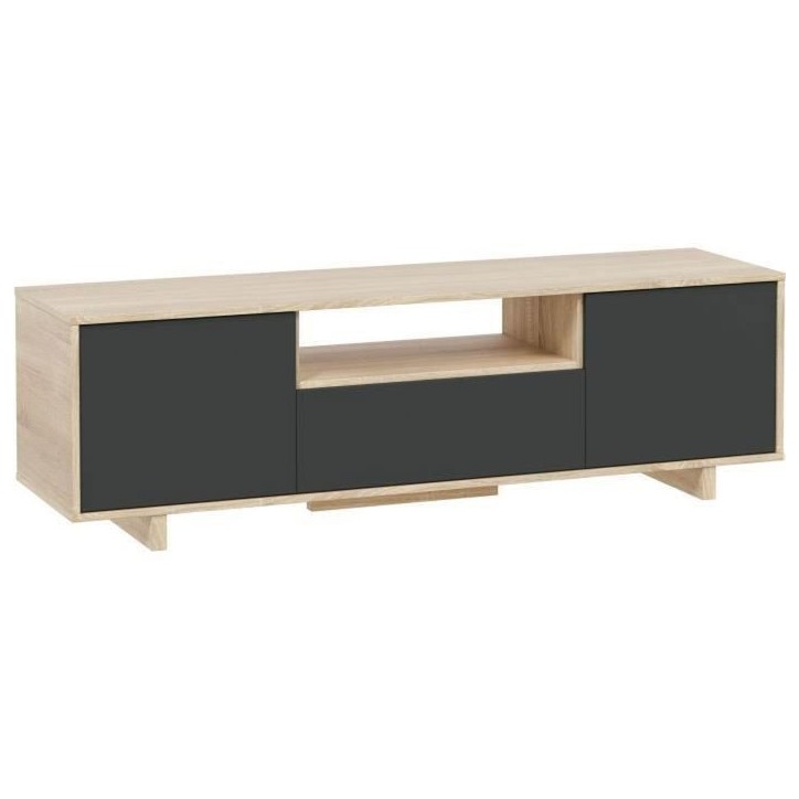 Meuble TV ZAIRA - Mélaminé Anthracite et chene - 3 Portes - L150 x P41 x H46 cm