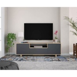 Meuble TV ZAIRA - Mélaminé Anthracite et chene - 3 Portes - L150 x P