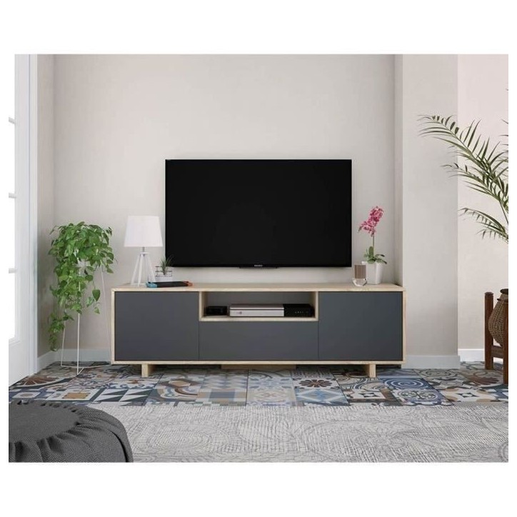 Meuble TV ZAIRA - Mélaminé Anthracite et chene - 3 Portes - L150 x P41 x H46 cm