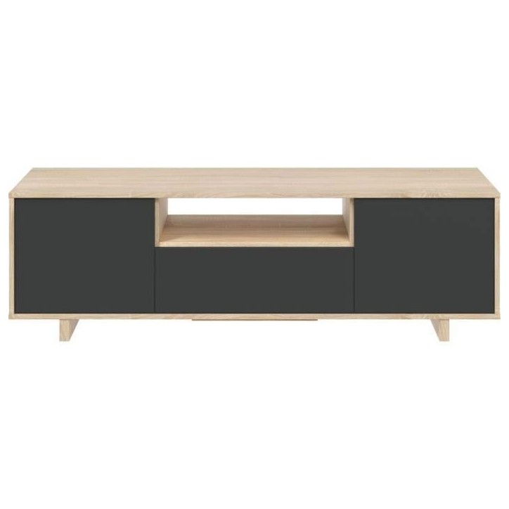 Meuble TV ZAIRA - Mélaminé Anthracite et chene - 3 Portes - L150 x P41 x H46 cm