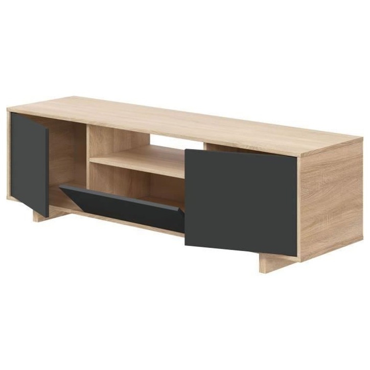 Meuble TV ZAIRA - Mélaminé Anthracite et chene - 3 Portes - L150 x P41 x H46 cm