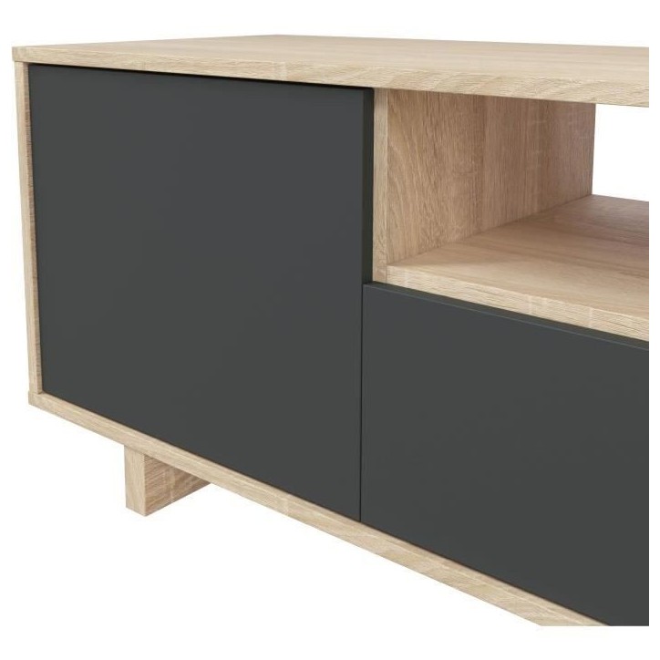 Meuble TV ZAIRA - Mélaminé Anthracite et chene - 3 Portes - L150 x P41 x H46 cm