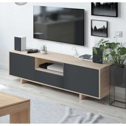 Meuble TV ZAIRA - Mélaminé Anthracite et chene - 3 Portes - L150 x P