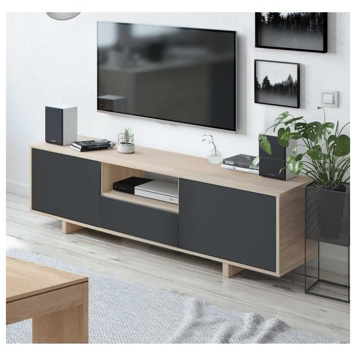 Meuble TV ZAIRA - Mélaminé Anthracite et chene - 3 Portes - L150 x P41 x H46 cm
