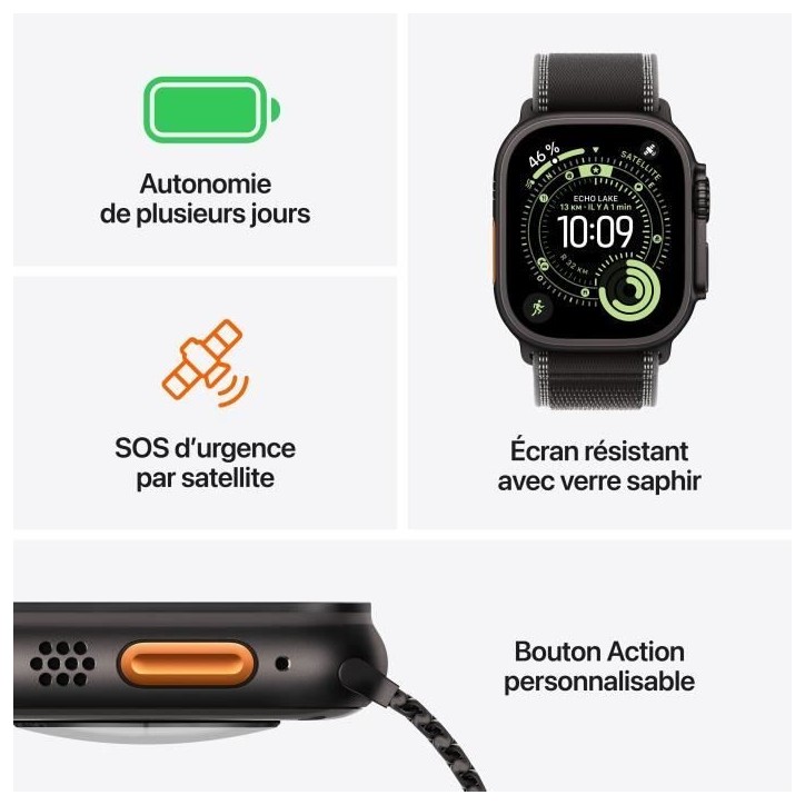 Apple Watch Ultra 3 GPS + Cellular - 49mm - Boîtier Natural Titanium - Bracelet Blue/Bright Blue Trail Loop - S/M Apple Watch Ultra 3 GPS + Cellular - 49mm - Boîtier Natural Titanium - Bracelet Blue/Bright Blue Trail Loop - S/M