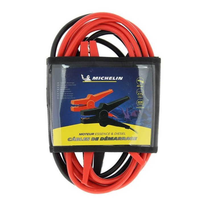 Câbles de démarrage - MICHELIN - 25mm2 de section longueur de 3.5m - moteurs essence cylindrée maxi 5,5L - diesel cylindrée Câbles de démarrage - MICHELIN - 25mm2 de section longueur de 3.5m - moteurs essence cylindrée maxi 5,5L - diesel cylindrée