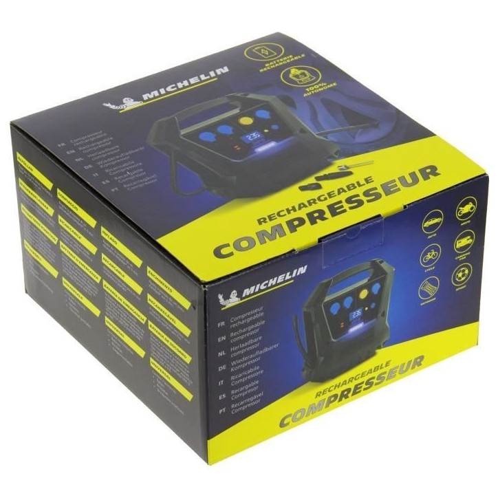 Compresseur sans fils - MICHELIN - Batterie 12V 7,2Ah 2100mA - voiture jusqu'a 3.45 bars vélo jusqu'a 6.90 bars.