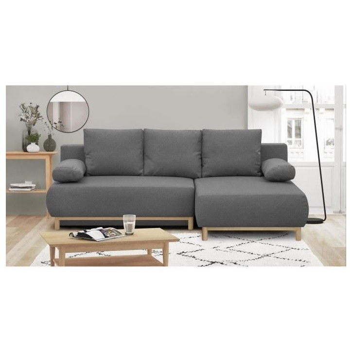 Canapé d'angle droit convertible MIKA 3 places - Tissu gris clair - Coffre de rangement - L218 x P98/145 x H84 cm Canapé d'angle droit convertible MIKA 3 places - Tissu gris clair - Coffre de rangement - L218 x P98/145 x H84 cm