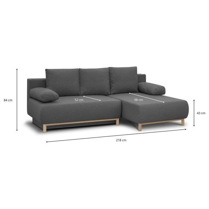 Canapé d'angle droit convertible MIKA 3 places - Tissu gris clair - Coffre de rangement - L218 x P98/145 x H84 cm Canapé d'angle droit convertible MIKA 3 places - Tissu gris clair - Coffre de rangement - L218 x P98/145 x H84 cm