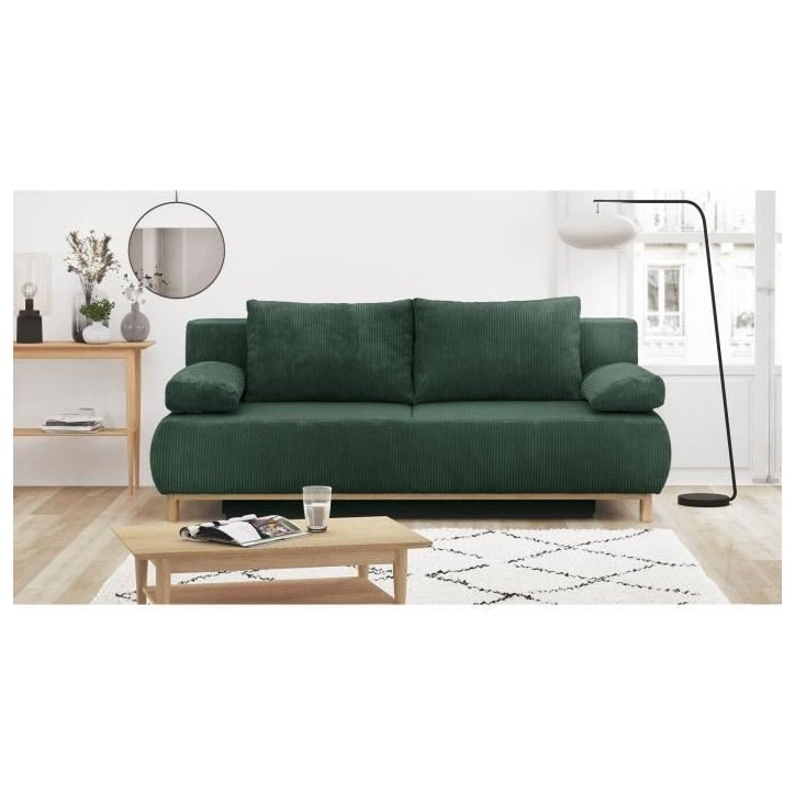Banquette convertible 3 places MIKA - Velours côtelé Vert foret - Coffre de rangement - L 192 x H 84 x P 93 cm Banquette convertible 3 places MIKA - Velours côtelé Vert foret - Coffre de rangement - L 192 x H 84 x P 93 cm